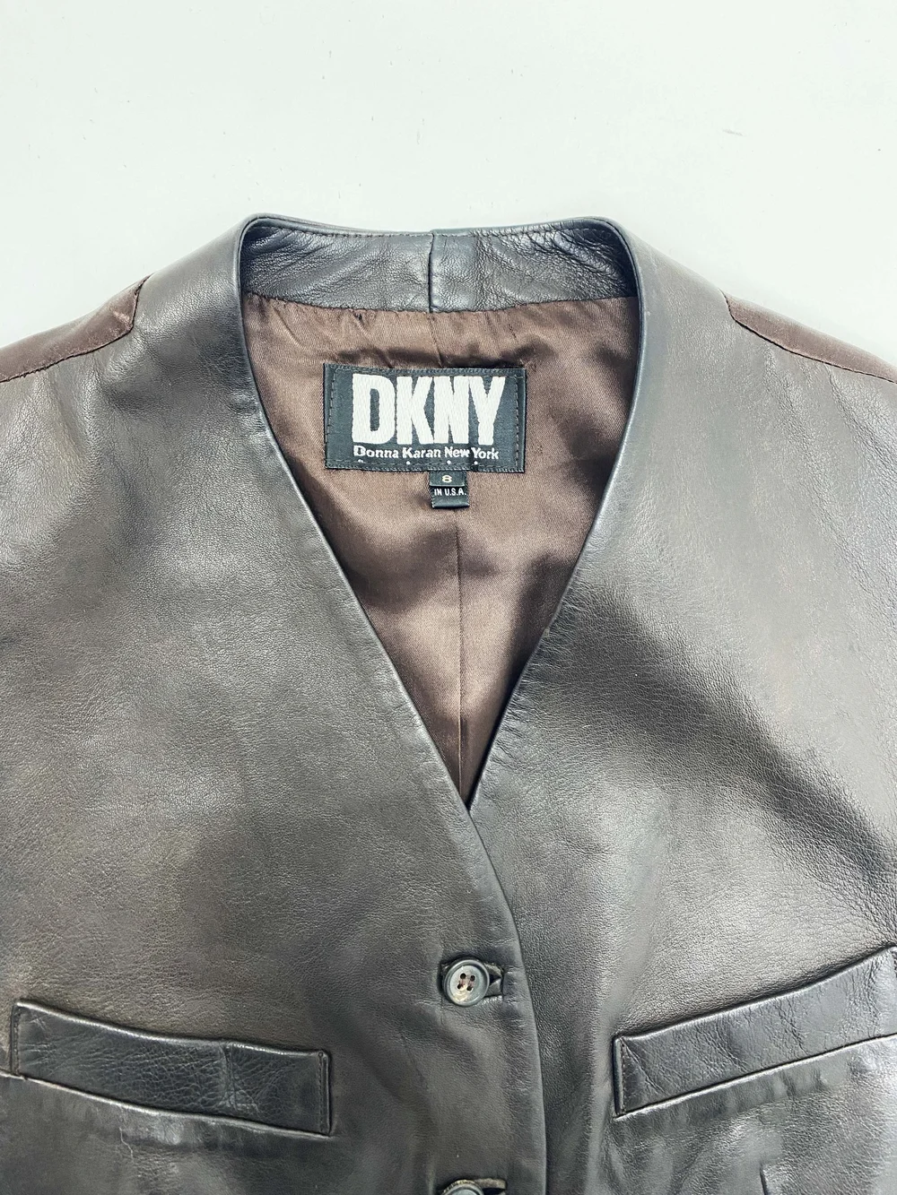 トップス donna karan dkny nylon leather vest DKNY-brown-leather-vest-90s-